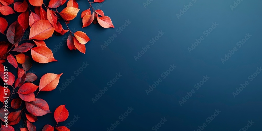 Poster blue background with red and orange leaves on the left side, creating an autumn atmosphere. the back