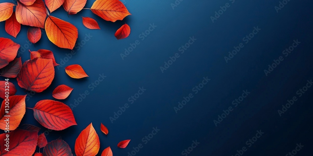 Poster blue background with red and orange leaves on the left side, creating an autumn atmosphere. the back