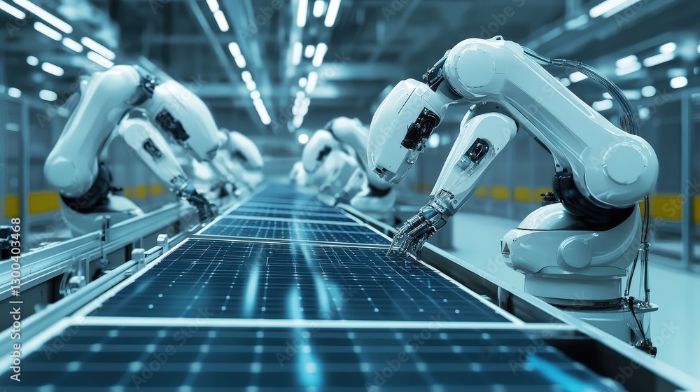 Poster a solar panel factory where robots and engineers assemble solar cells into large panels for energy p