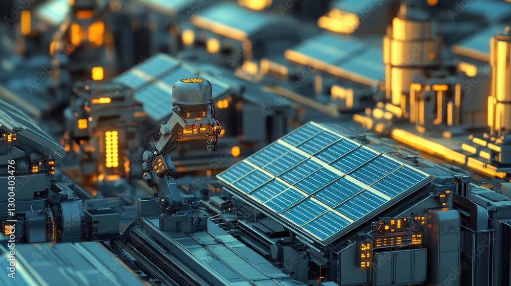 Poster a solar panel factory where robots and engineers assemble solar cells into large panels for energy p