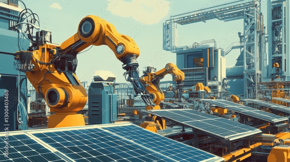 Poster a solar panel factory where robots and engineers assemble solar cells into large panels for energy p