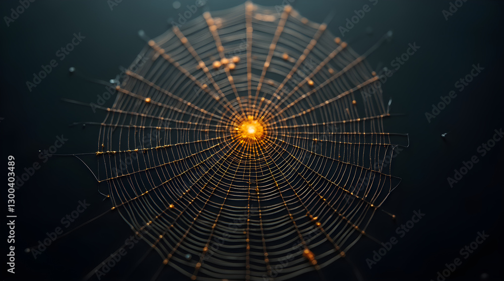Poster intricate radial spiderweb design with glowing orange dots on dark textured abstract fine art stunni