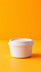 Round food container mockup on vibrant orange background, product showcase