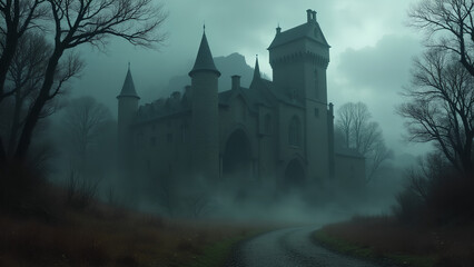 Obraz premium Eerie Castle in Misty Landscape