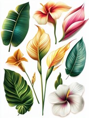 Luxury Gold Tropical collection with exotic flowers and leaves. Vector design isolated elements on the white background.