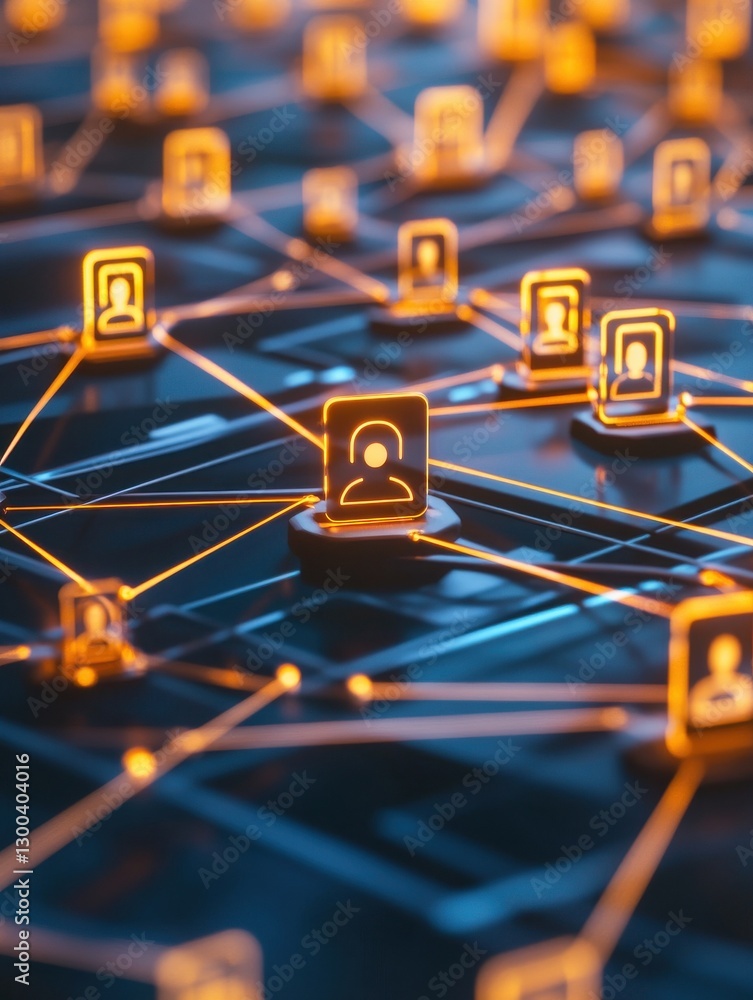 Poster network of interconnected blocks with glowing icons representing people, symbolizing the global reac
