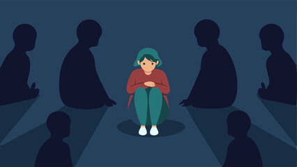 Trapped in Shadows A figure sitting alone in the corner of a dark room surrounded by large looming shadowy figures ing societal judgment depicting the feeling of being ped
