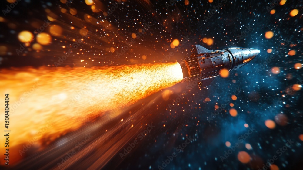 Poster a spaceship traveling through space, illustrating how the force of its engines propels it forward de