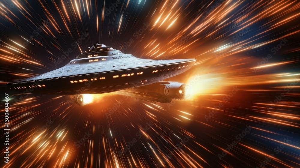 Poster a spaceship using a warp drive, bending space-time around it to travel faster than light