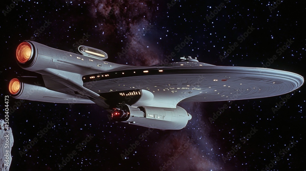 Poster a spaceship using a warp drive, bending space-time around it to travel faster than light