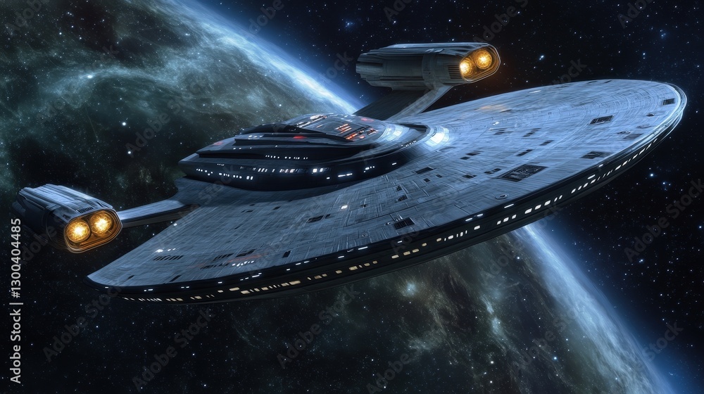 Poster a spaceship using a warp drive, bending space-time around it to travel faster than light