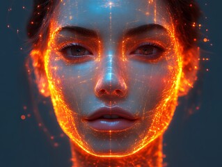 Woman's Face with Glowing Tech Overlay on Dark