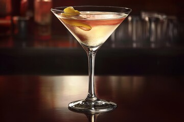 A classic martini cocktail with a lemon twist on a polished bar top, showcasing elegance and sophistication with a hint of retro charm, perfect for upscale venues.