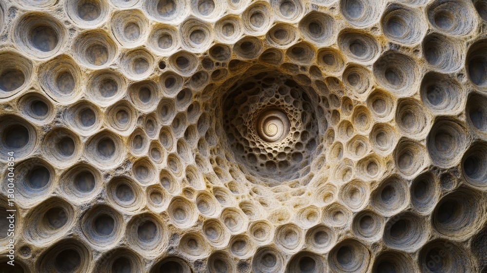 Poster a spiral of hexagons that twists inward, each hexagon filled with intricate textures that shift as t