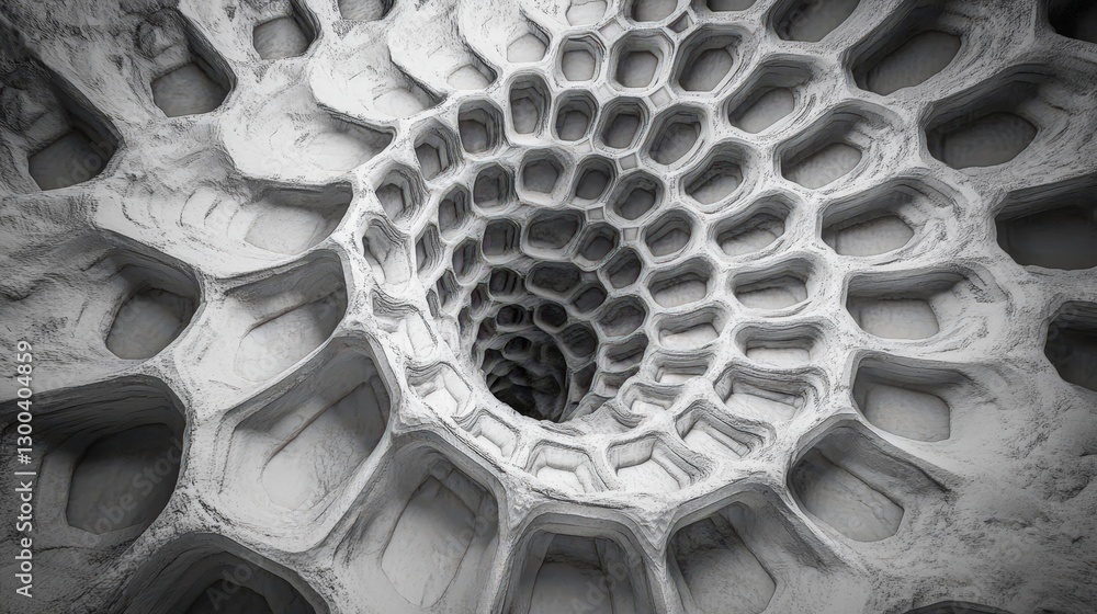 Poster a spiral of hexagons that twists inward, each hexagon filled with intricate textures that shift as t