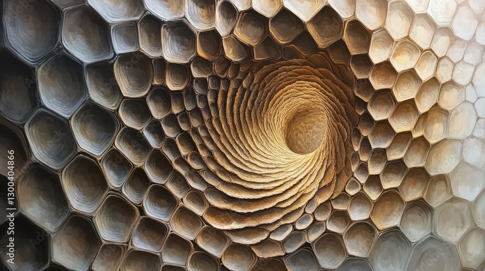 Poster a spiral of hexagons that twists inward, each hexagon filled with intricate textures that shift as t