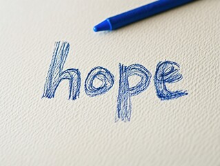 Close up of the word hope handwritten in blue by child for inspiration and positivity