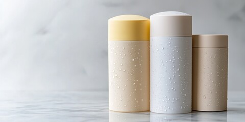 Minimalist sunscreen bottle set with neutral tones on marble surface for skincare design