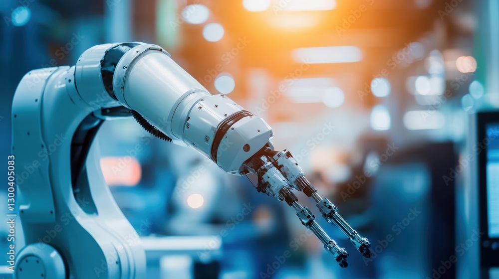 Poster a robotics factory where engineers design, build, and test advanced robotic arms for industrial auto