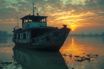 Boat rests river sunset golden hour