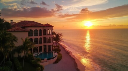 A stunning oceanfront property with a breathtaking sunset view, perfect for real estate listings, paradise, view