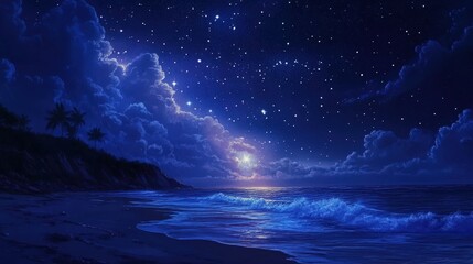 A star-filled sky above a peaceful beach, where the sound of waves crashing provides a soothing soundtrack to the breathtaking view of the night sky.