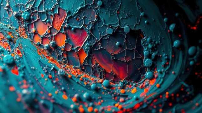 Abstract Fluid Art with Cracks and Spheres in Teal and Orange
