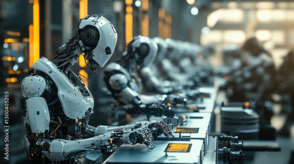 Poster a robotics lab filled with half-assembled androids, mechanical arms, and advanced ai systems being t