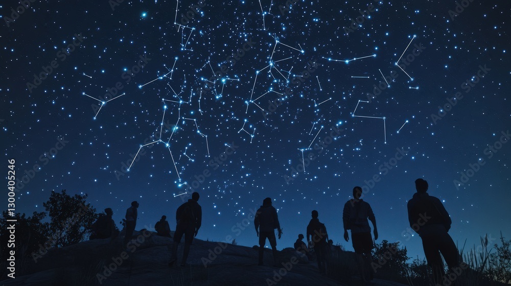 Wall mural a stargazing scene on a hilltop, where a group of people are looking up at the dazzling display of s