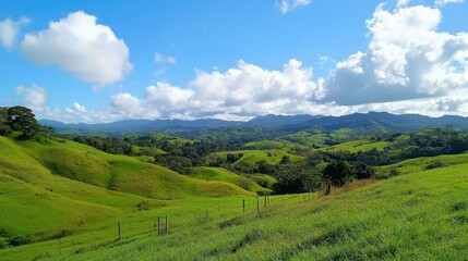Fototapeta premium A peaceful panoramic view of rolling green hills under a bright blue sky, with soft white clouds enhancing the calming simplicity