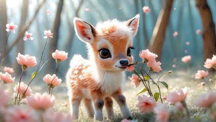 Adorable Fawn Standing Among Blooming Flowers in a Tranquil Forest Setting