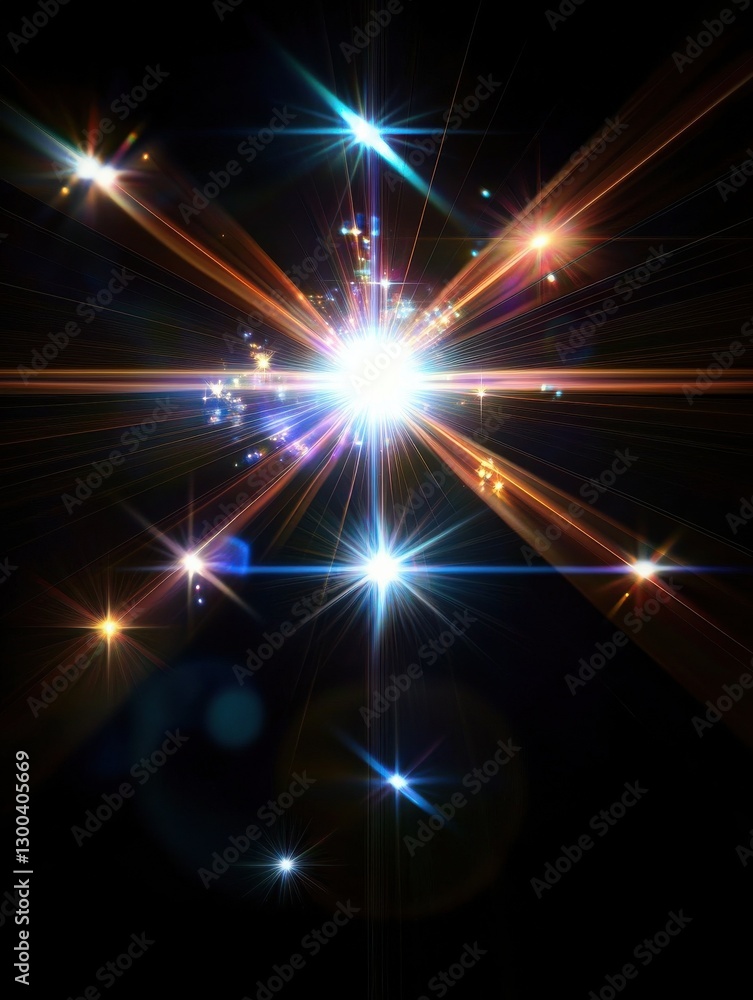 Poster bright light lens flares with various shapes and sizes on black background, creating stunning visual