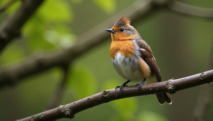Fototapeta premium Bird perched on a branch in Scottish woodland, feathers ruffled by wind , nature, feather