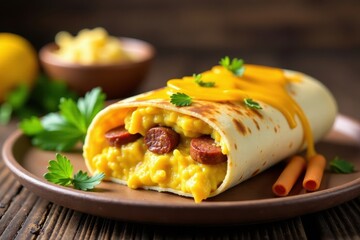 cheese and sausage stuffed scrambled egg wrap, breakfast food, sausage