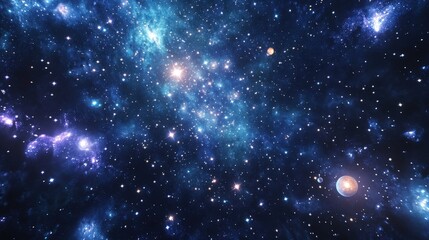 Fototapeta premium A starry sky filled with constellations visible through the lens of a telescope, with distant planets glowing and celestial bodies sparkling in the darkness.