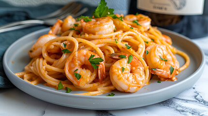 Delicious shrimp scampi pasta garnished with fresh parsley, perfect for meal