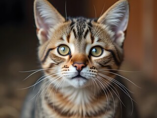 A close-up of a farm cat’s face, featuring its soft fur, curious eyes, and alert expression, with the farm setting softly blurred in the background.