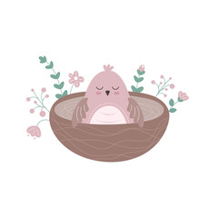 Newborn chick sitting in a nest. Illustration in simple flat style.