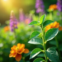 Obraz premium Close-up of stevia leaves and stems amidst vibrant herbs in a sunny garden, foliage, garden
