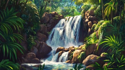 A serene waterfall nestled in the heart of a tropical rainforest, flowing over moss-covered rocks and framed by lush jungle plants