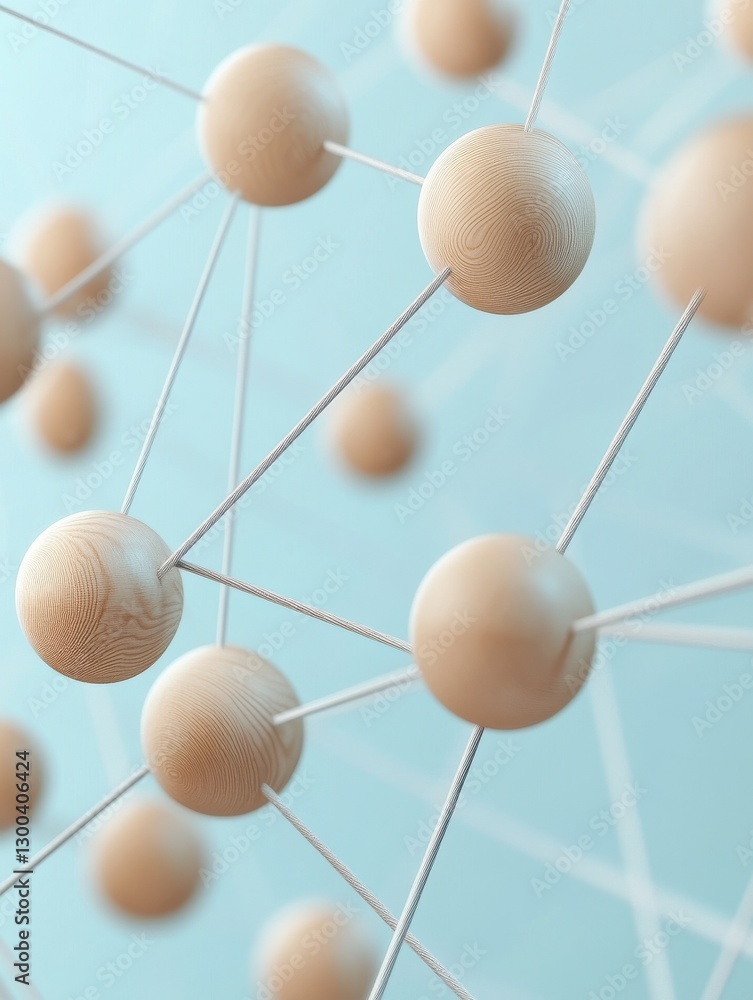 Poster abstract network structure with interconnected wooden spheres and strings on blue background, repres