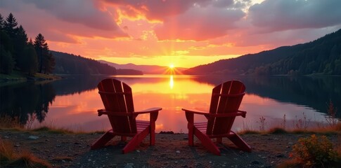 Fototapeta premium Two Adirondack chairs facing sunset over still lake , serene, golden hour, quiet