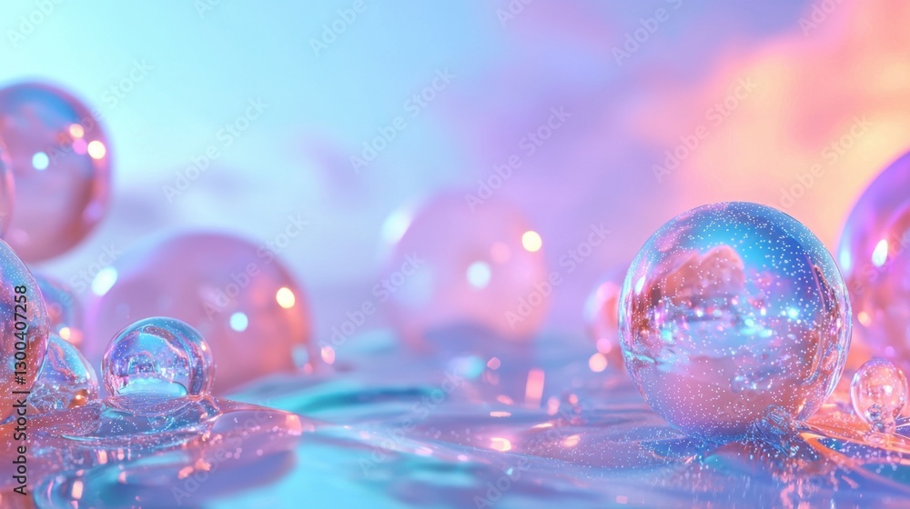 Poster the scene captures translucent bubbles of various sizes resting on a colorful surface, illuminated b
