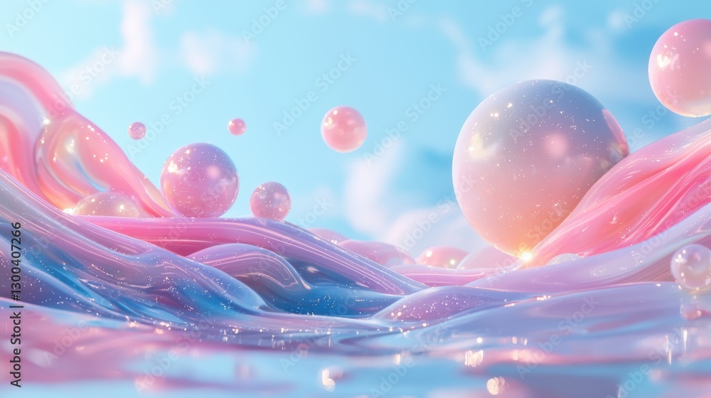 Poster swirling waves in soft pastel colors create a tranquil setting, dotted with shiny spheres. the scene