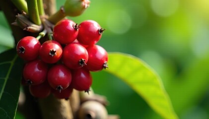 Obraz premium Deep red acai berries cluster on palm tree branch , closeup, tropical