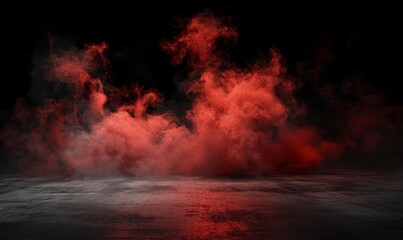 Black background with red smoke, concrete floor, dark room, night scene, studio backdrop for product display, abstract backdrop, mockup template