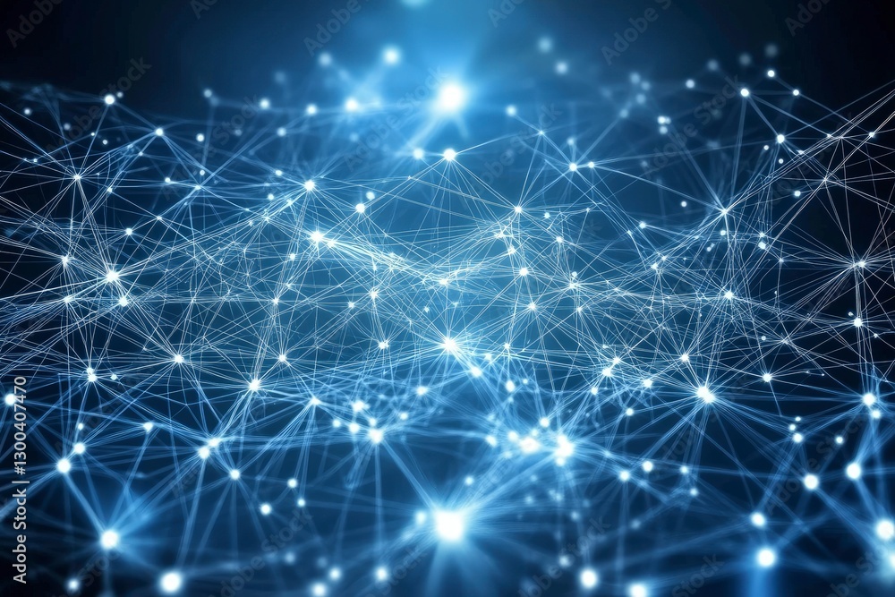 Poster abstract digital background with a blue mesh and connecting dots in perspective