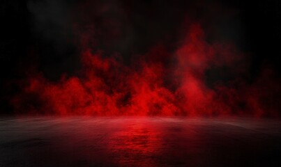 Obraz premium Black background with red smoke, concrete floor, dark room, night scene, studio backdrop for product display, abstract backdrop, mockup template