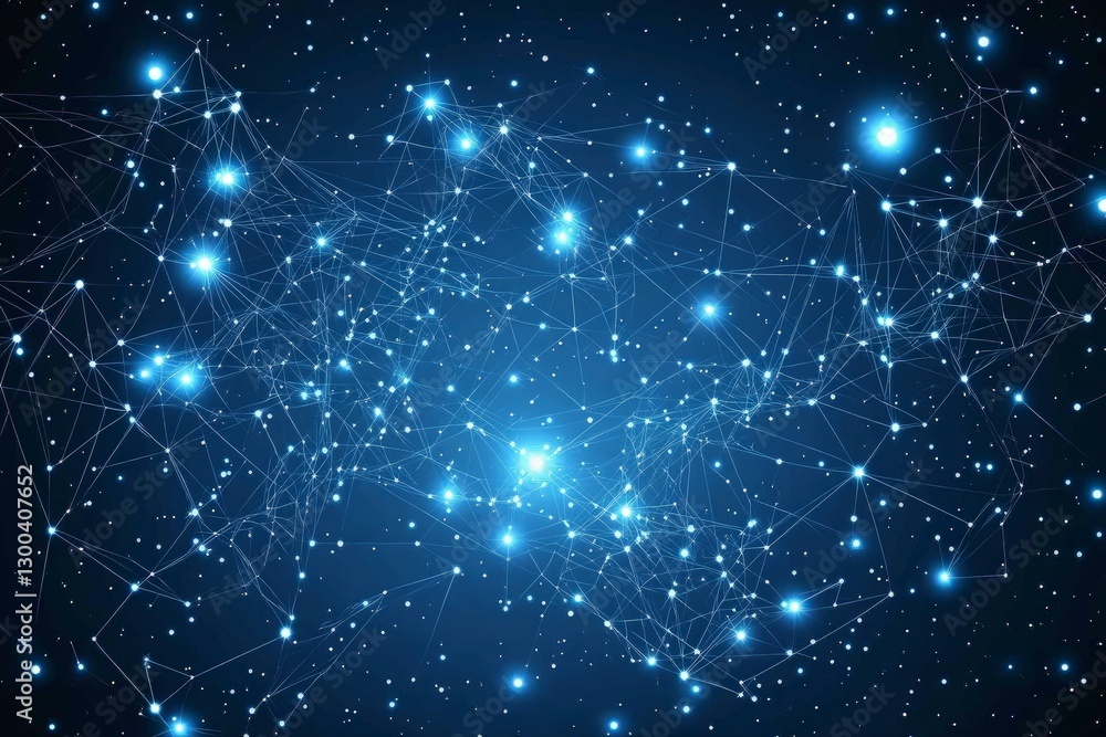 Poster abstract digital background with a blue mesh and connecting dots in perspective