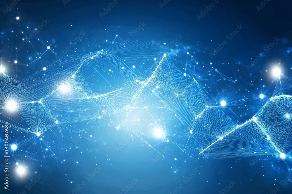 Poster abstract digital background with a blue mesh and connecting dots in perspective